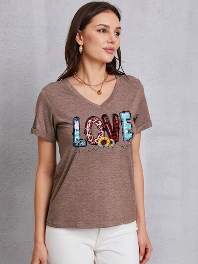 Letter Graphic V-Neck Short Sleeve T-Shirt Trendsi