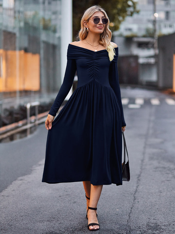 Ruched Off-Shoulder Midi Dress Trendsi