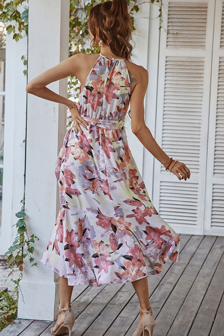 Floral Tie Belt Sleeveless Dress Trendsi