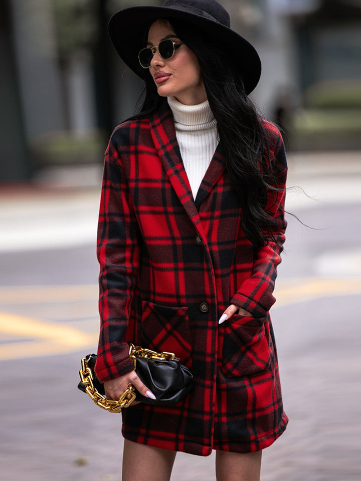 Plaid Shawl Collar Coat with Pockets - Super Amazing Store