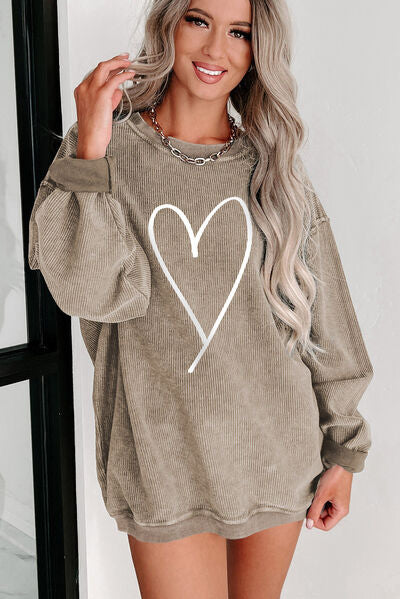 Heart Round Neck Dropped Shoulder Sweatshirt Trendsi