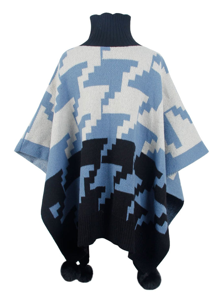 Turtleneck Pom-Pom Trim Poncho Trendsi