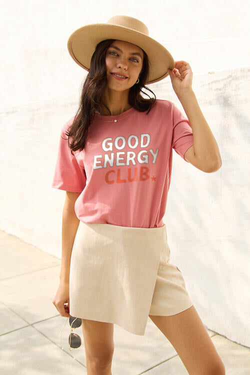 Simply Love Full Size GOOD ENERGY CLUB Short Sleeve T-Shirt Trendsi