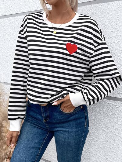 Heart Patch Striped Round Neck Long Sleeve Sweatshirt Trendsi