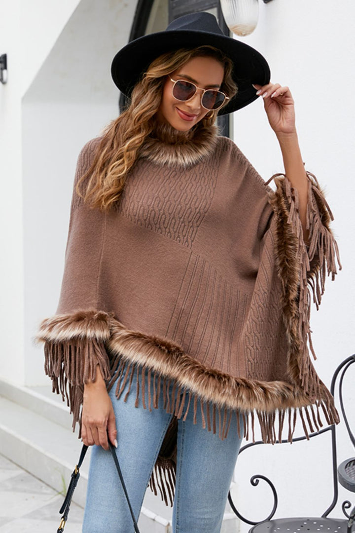 Faux Fur Trim Fringed Poncho - Super Amazing Store