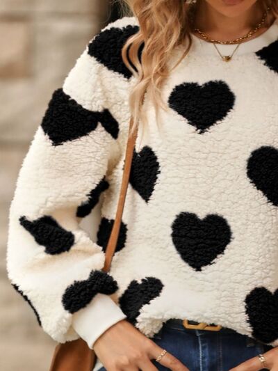 Fuzzy Heart Dropped Shoulder Sweatshirt Trendsi