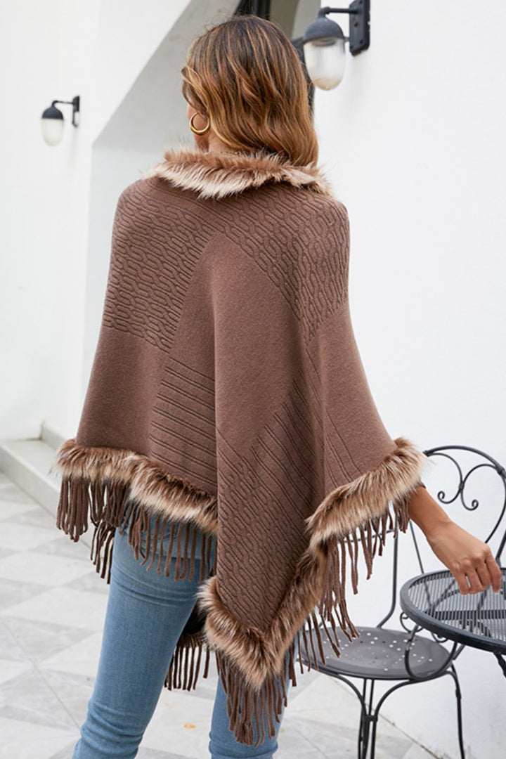 Faux Fur Trim Fringed Poncho - Super Amazing Store