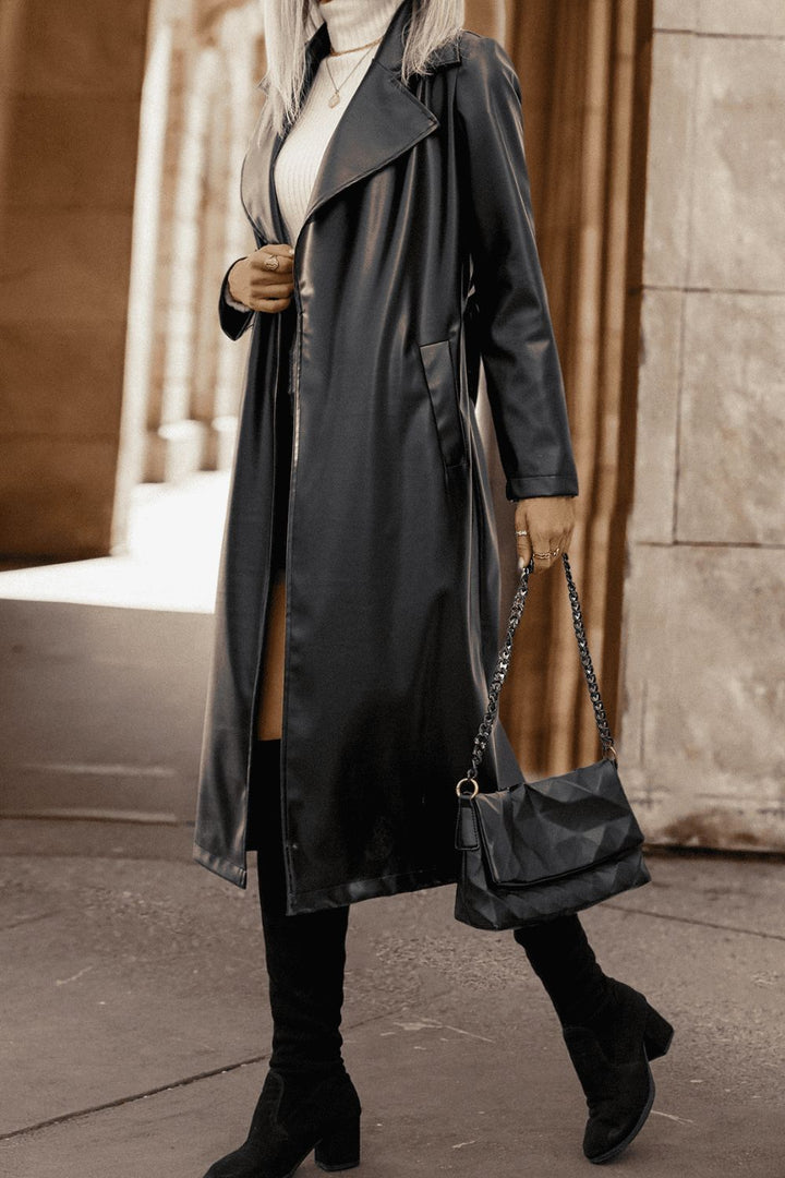 Lapel Collar Tie Waist Long Sleeve Trench Coat Trendsi