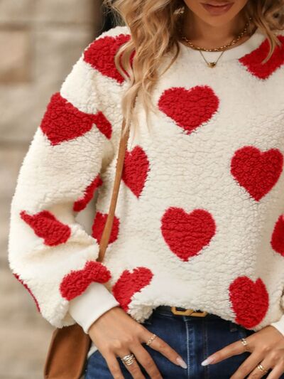 Fuzzy Heart Dropped Shoulder Sweatshirt Trendsi