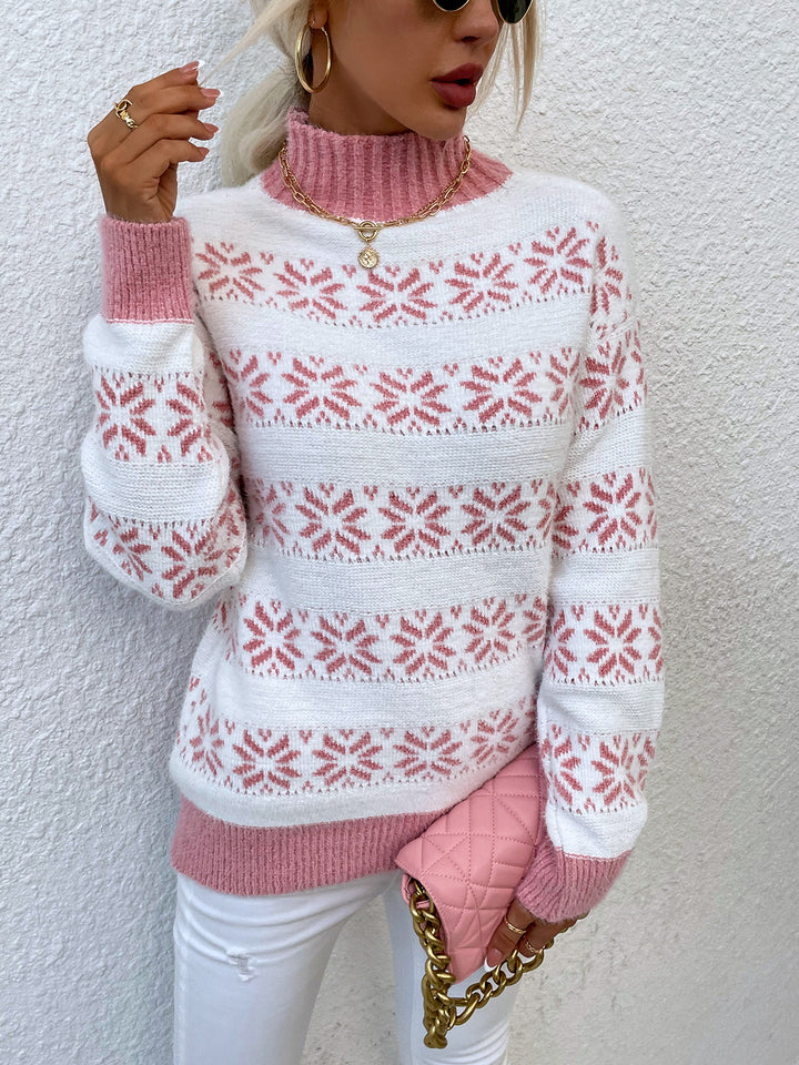 Snowflake Pattern Mock Neck Sweater - Super Amazing Store