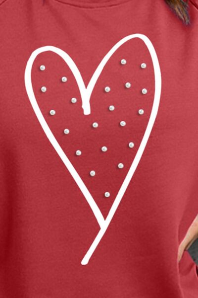 Heart Pearl Detail Round Neck Sweatshirt Trendsi