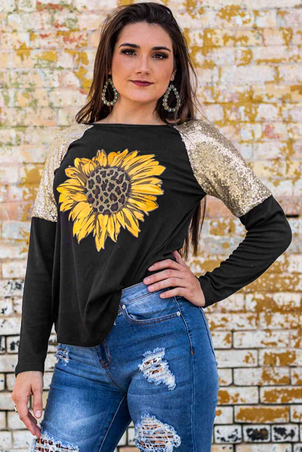 Sunflower Graphic Sequin T-Shirt Trendsi