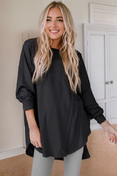 Contrast Texture Round Neck Long Sleeve Blouse Trendsi