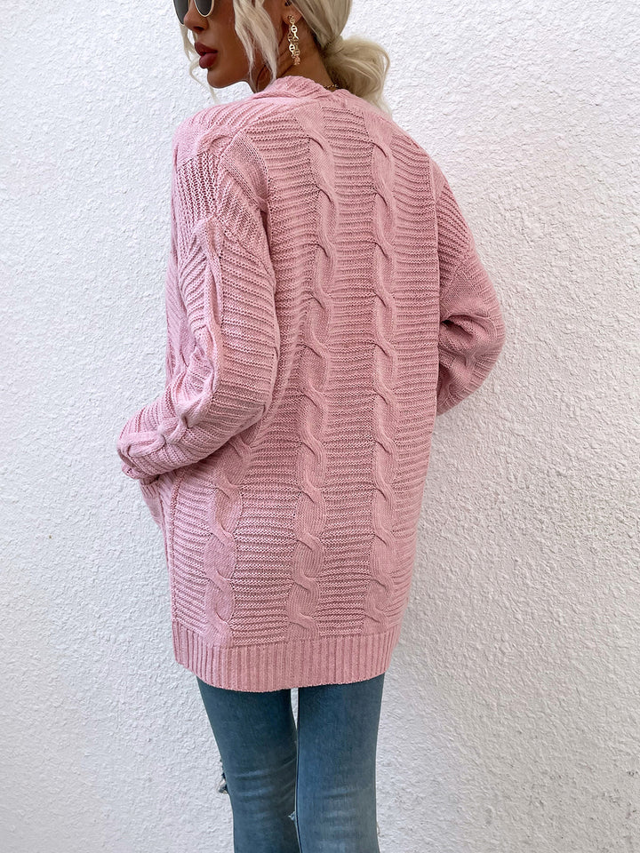 Cable-Knit Open Front Cardigan with Pockets Trendsi