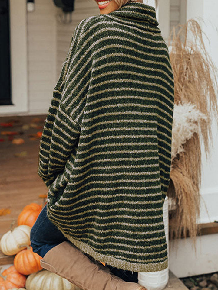 Striped Turtleneck Sweater with Pockets Trendsi