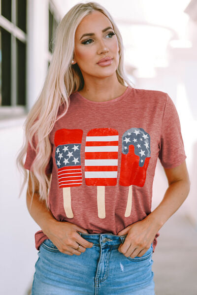 US Flag Round Neck Short Sleeve T-Shirt Trendsi