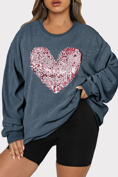 Plus Size Heart Sequin Round Neck Sweatshirt Trendsi