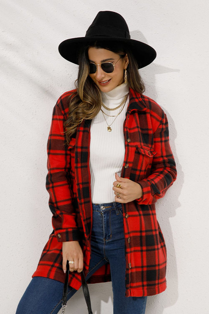 Plaid Collared Longline Coat Trendsi