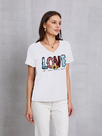 Letter Graphic V-Neck Short Sleeve T-Shirt Trendsi