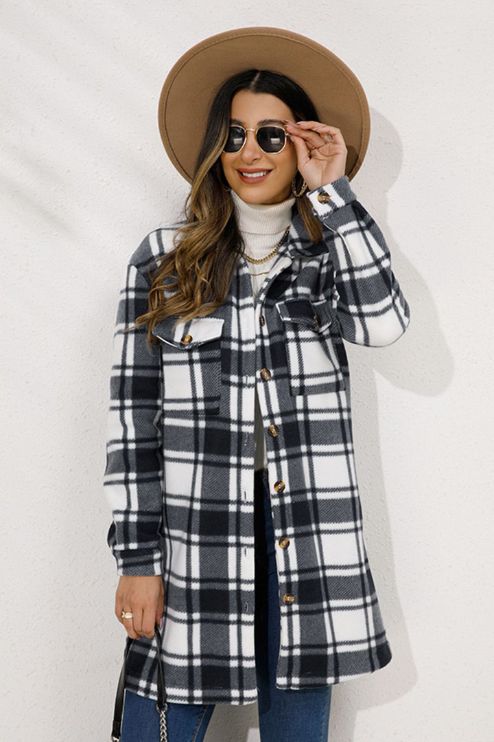 Plaid Collared Longline Coat Trendsi