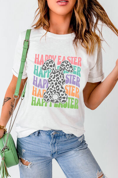 HAPPY EASTER Round Neck Short Sleeve T-Shirt Trendsi