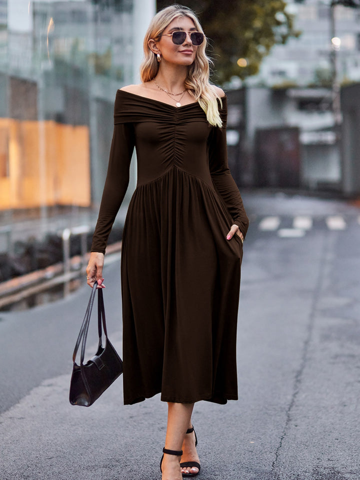 Ruched Off-Shoulder Midi Dress Trendsi