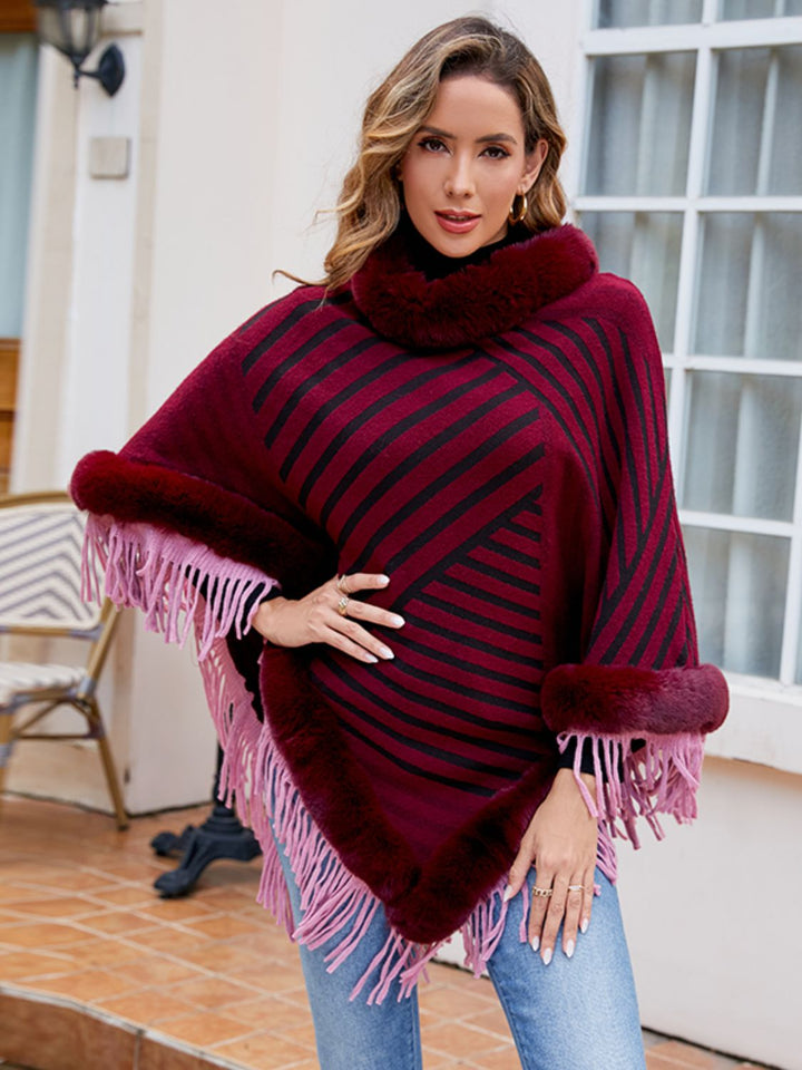 Striped Fringe Hem Poncho - Super Amazing Store