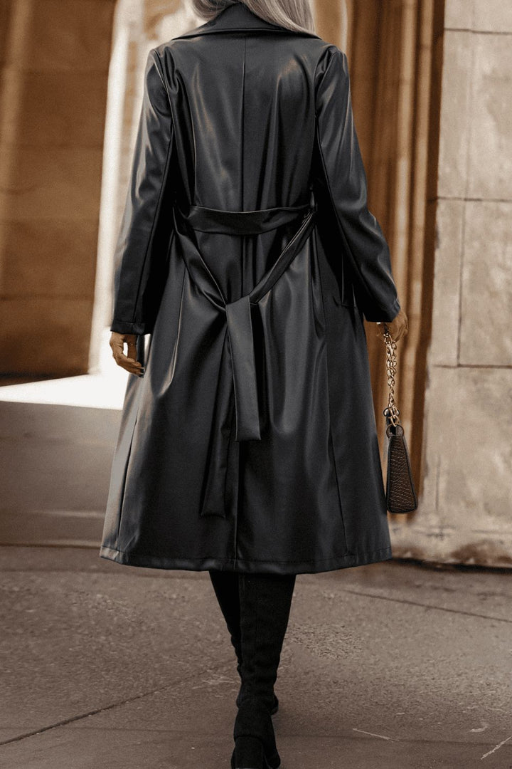 Lapel Collar Tie Waist Long Sleeve Trench Coat Trendsi