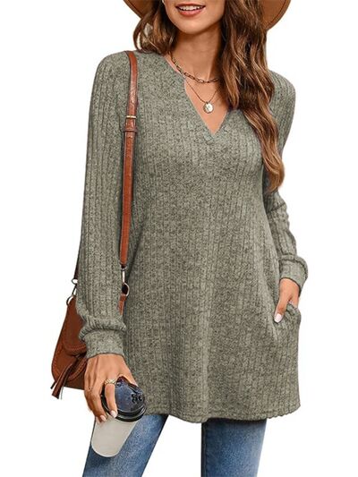 Slit Notched Pocketed Long Sleeve T-Shirt Trendsi