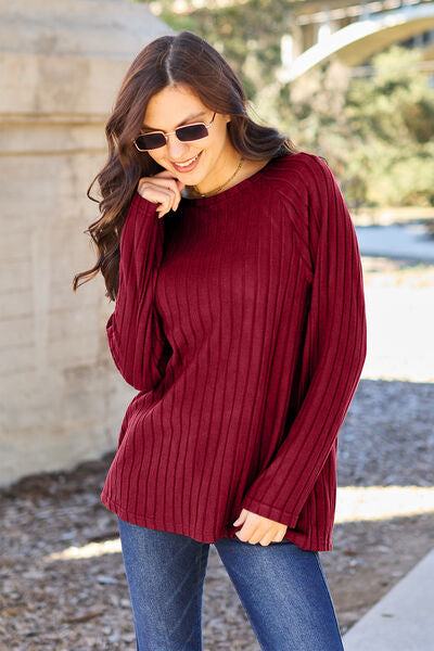 Basic Bae Full Size Ribbed Round Neck Long Sleeve Knit Top Trendsi