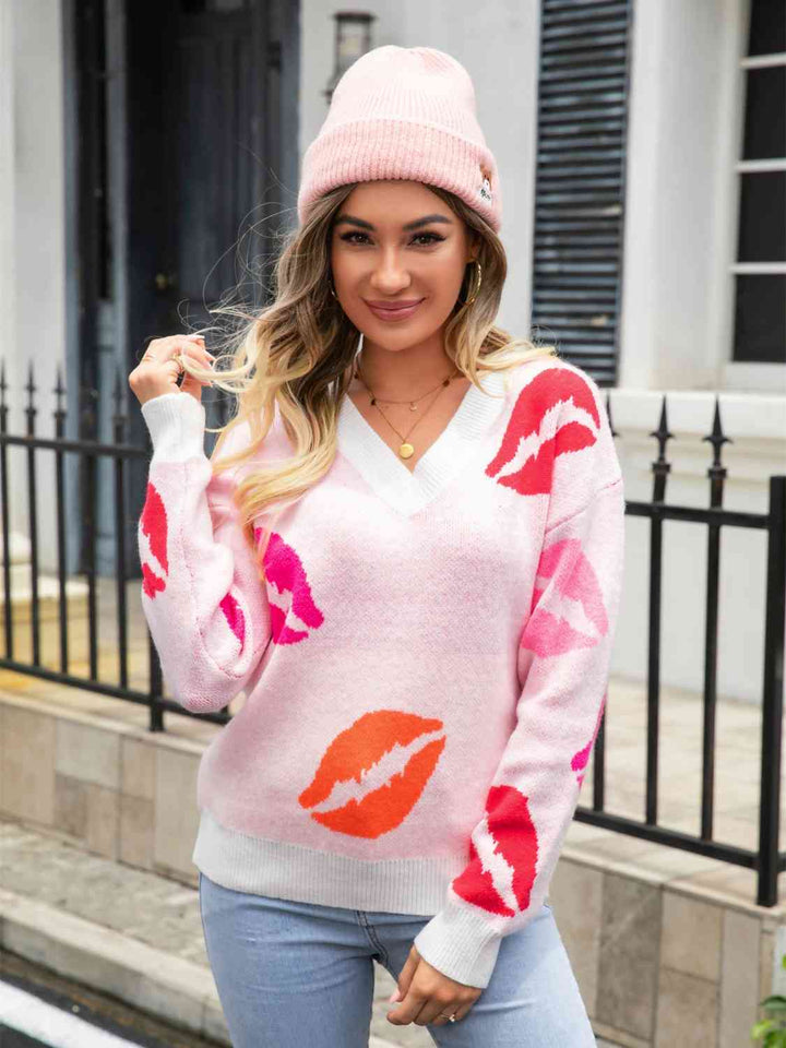 Lip V-Neck Drop Shoulder Sweater Trendsi