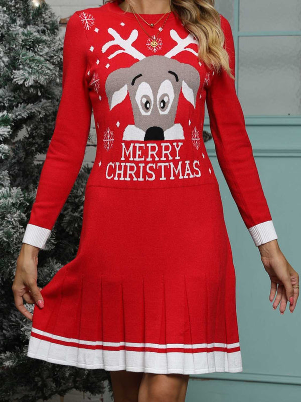 MERRY CHRISTMAS Graphic Pleated Sweater Dress Trendsi