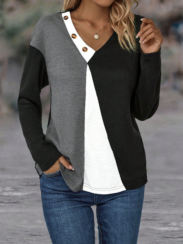 Color Block Decorative Button V-Neck Top Trendsi