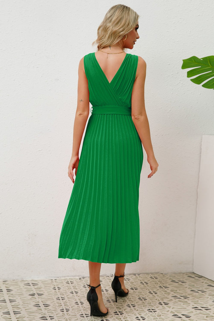 Surplice Sleeveless Midi Pleated Dress Trendsi