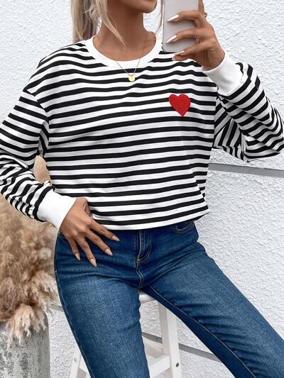 Heart Patch Striped Round Neck Long Sleeve Sweatshirt Trendsi