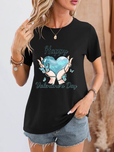 HAPPY VALENTINE'S DAY Round Neck Short Sleeve T-Shirt Trendsi