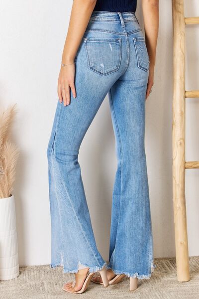 Kancan Mid Rise Raw Hem Flare Jeans Trendsi