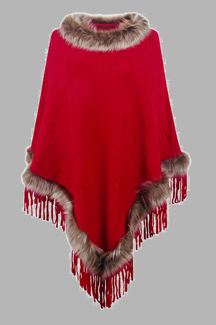 Faux Fur Trim Fringed Poncho - Super Amazing Store