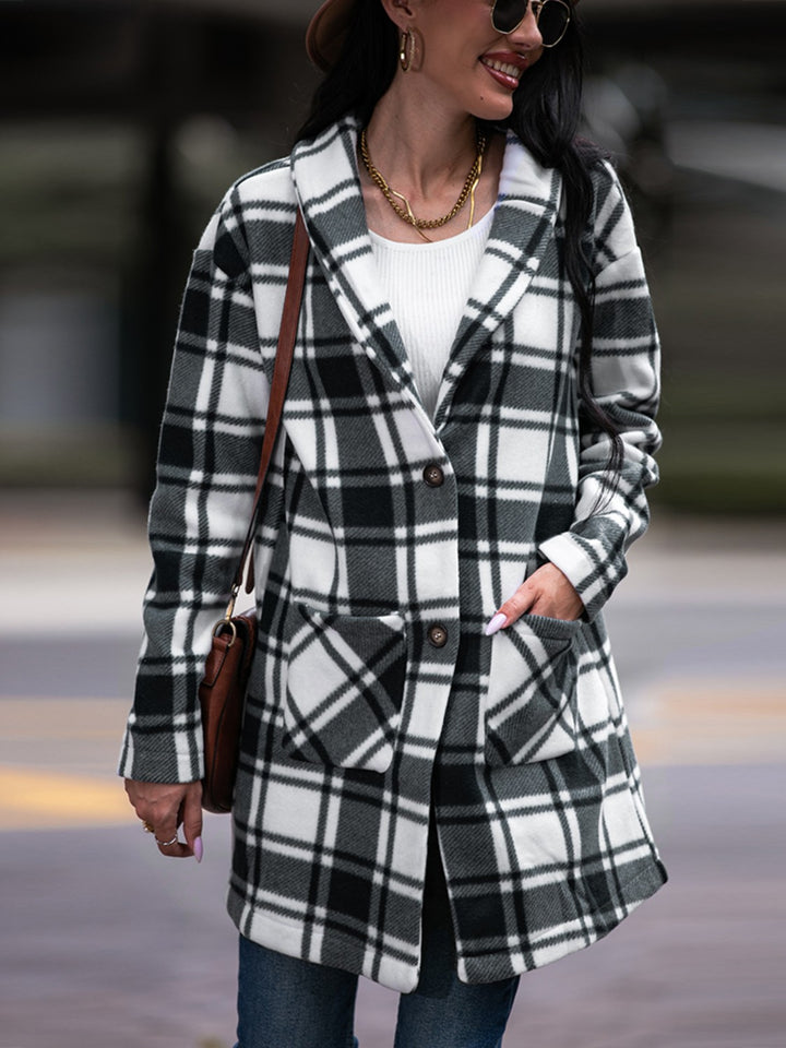 Plaid Shawl Collar Coat with Pockets - Super Amazing Store