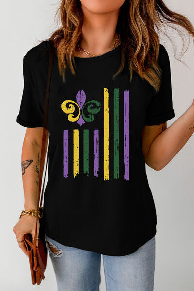 MARDI GRAS Graphic Round Neck T-Shirt Trendsi