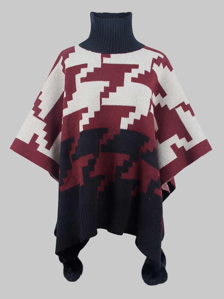 Turtleneck Pom-Pom Trim Poncho Trendsi