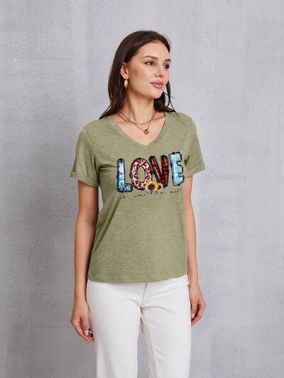 Letter Graphic V-Neck Short Sleeve T-Shirt Trendsi