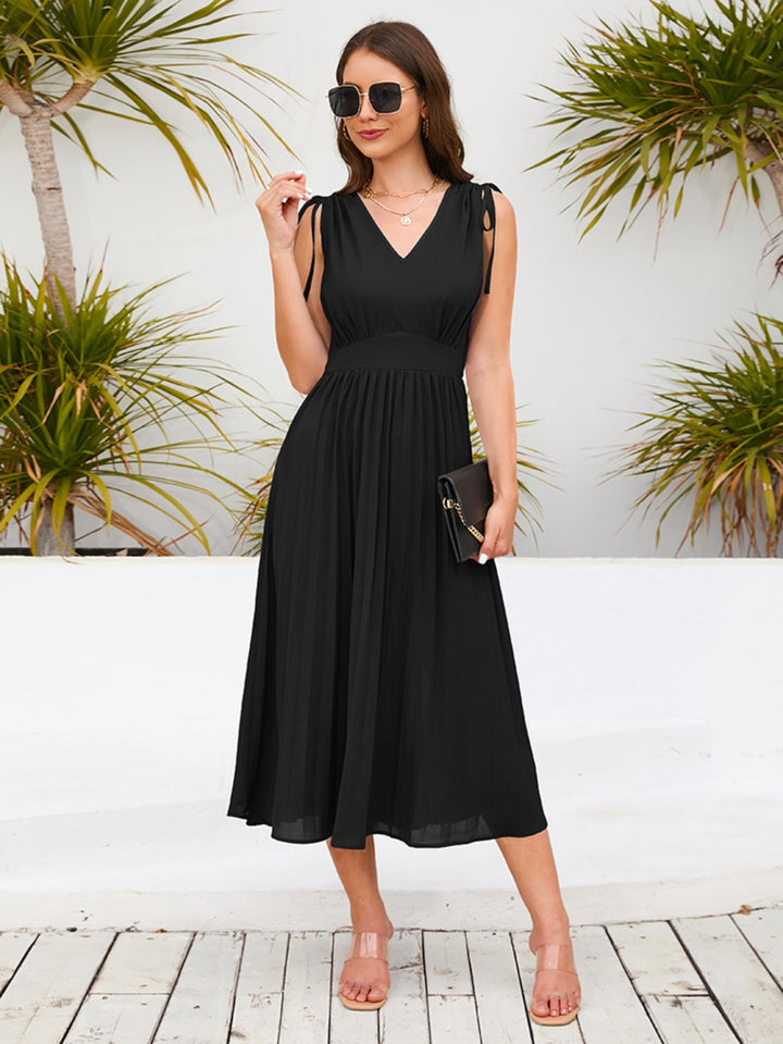 Pleated V-Neck Sleeveless Midi Dress Trendsi