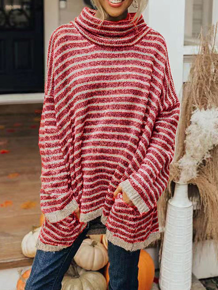 Striped Turtleneck Sweater with Pockets Trendsi