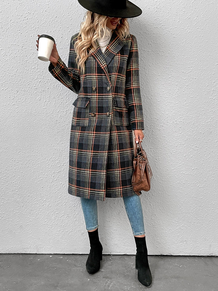 Plaid Lapel Collar Trench Coat Trendsi