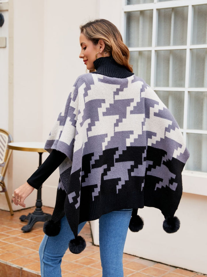 Turtleneck Pom-Pom Trim Poncho Trendsi