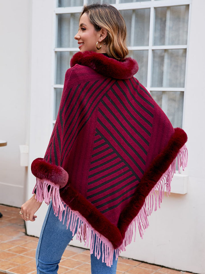 Striped Fringe Hem Poncho - Super Amazing Store