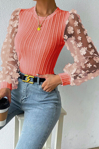 Double Take Textured Applique Long Sleeve Blouse Trendsi