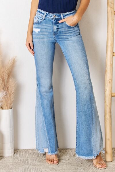 Kancan Mid Rise Raw Hem Flare Jeans Trendsi