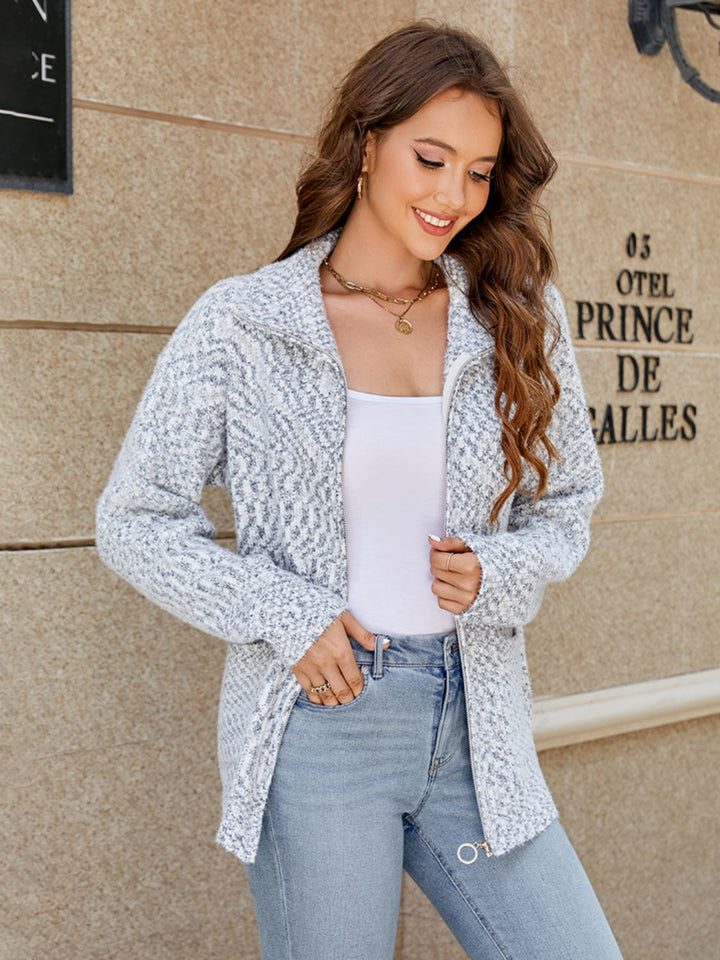 Zip-Up Collared Cardigan with Pockets - Super Amazing Store